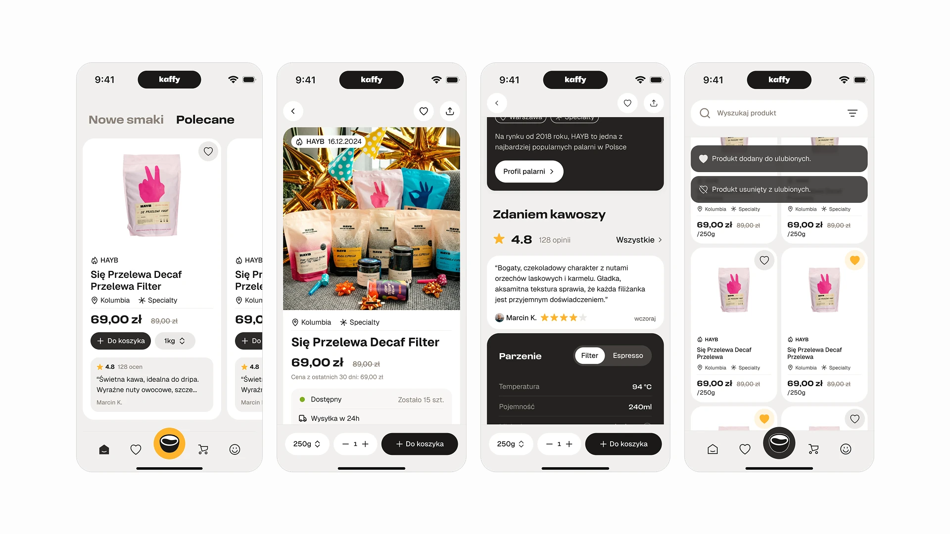 Kaffy app screens — browsing coffees, a product page with brewing specs and reviews, and the favourites grid.