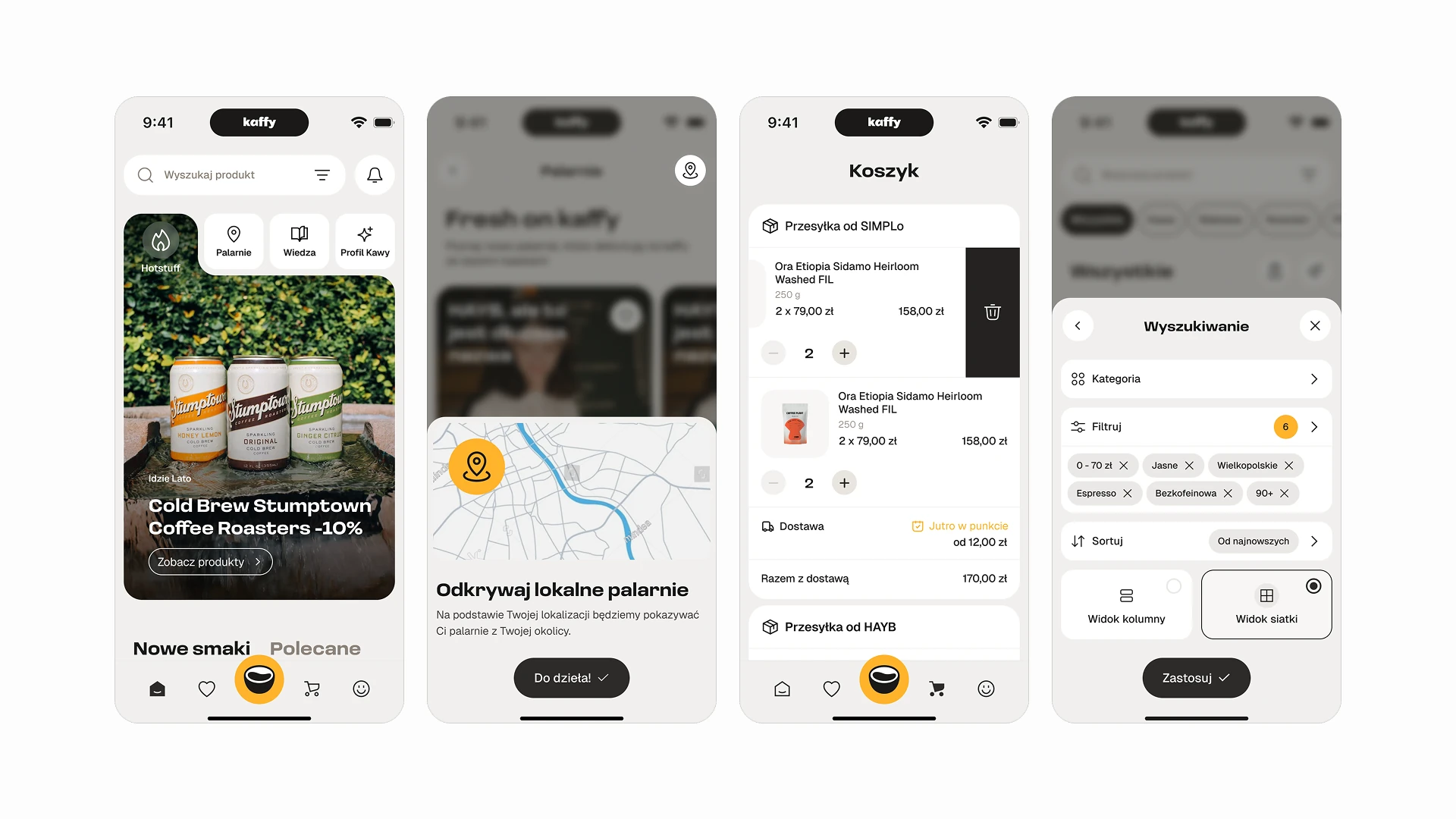 Kaffy app screens — the home feed with featured drops, the local-roastery discovery map, the cart, and the search filters.